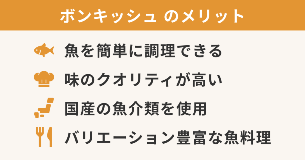 BonQuish（ボンキッシュ）のメリット「魚を簡単に料理できる」「味のクオリティが高い」「国産の魚介類を使用」「バリエーション豊富な魚料理」