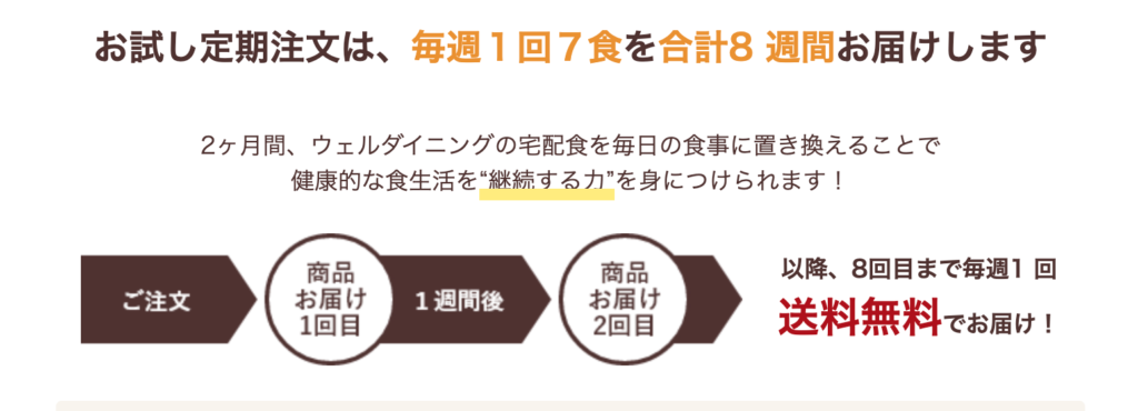 お試し定期注文は送料無料で「毎週1回7食を合計8週間」お届けします