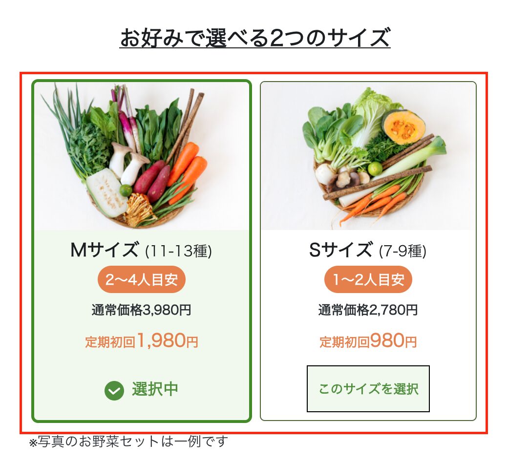 坂ノ途中購入方法２「お野菜セットのサイズを選択」